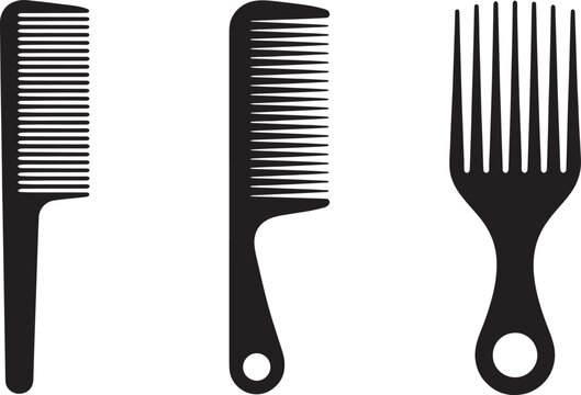 Three black silhouette hair combs and a pick on a white background hair pick