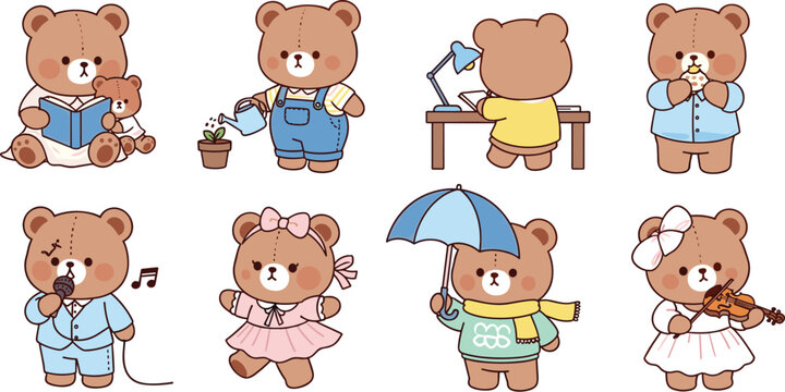 Cute teddy bear cartoon set with daily activities including reading gardening working singing dancing umbrella walking and violin illustration