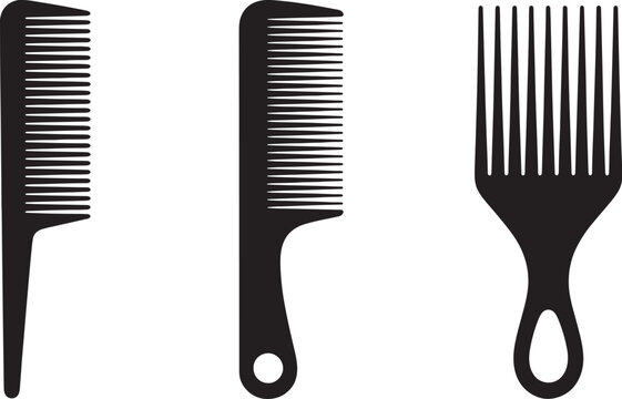 Three black silhouette hair combs arranged horizontally on a white background afro comb