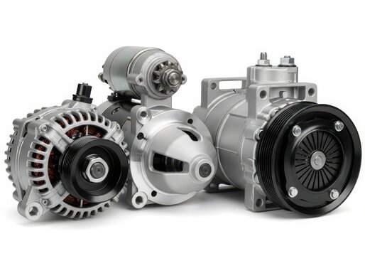 A variety of automotive alternators and power steering pumps displayed together.