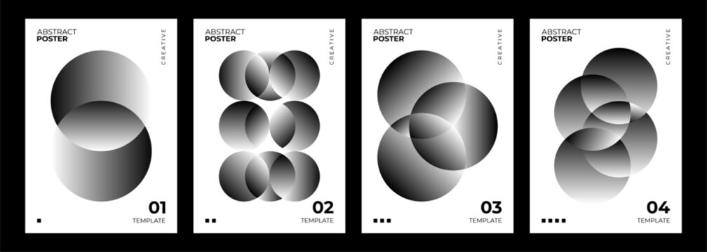Set of futuristic abstract posters. Defocused black gradient spheres on white background for creative graphic design. Vector illustration.