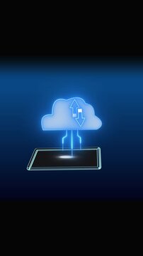 Modern depiction of cloud computing and data synchronization with a tablet device