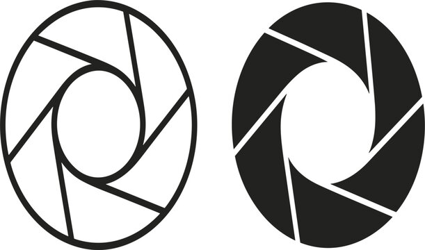 Camera aperture and lens shutter icons set, outline and silhouette vector symbols for photography and video