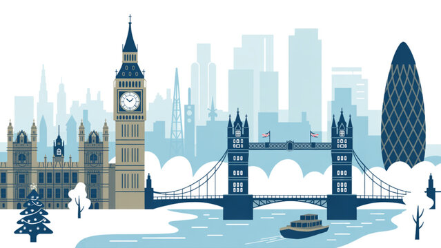 Minimalist winter London skyline illustration with Big Ben Tower Bridge Gherkin and River Thames in soft blue tones serene cityscape design