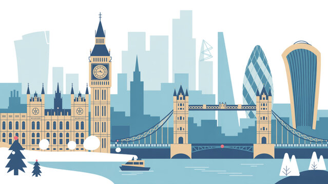 Minimalist winter London skyline illustration with Big Ben Tower Bridge Gherkin and River Thames in soft blue tones serene cityscape design