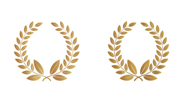 Elegant golden laurel wreath vector set with olive leaves and acorn details in symmetrical circular decorative botanical design