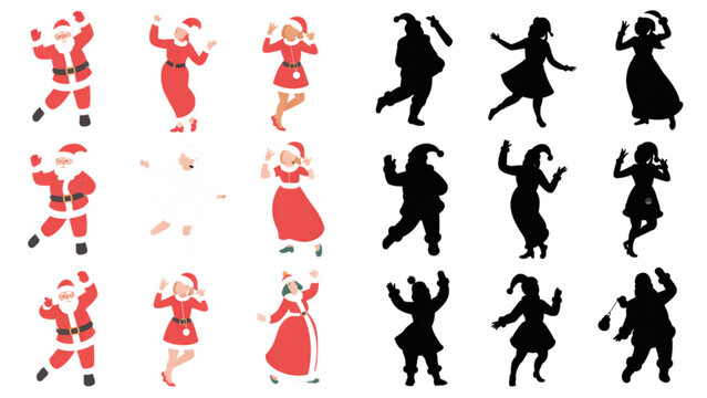 Festive Santa dance pose illustration set featuring holiday characters in dynamic movement with colored and silhouette versions