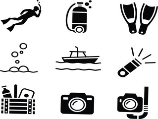 Scuba diving and underwater exploration icons set, black silhouette vector symbols for ocean adventure travel © Moksedul