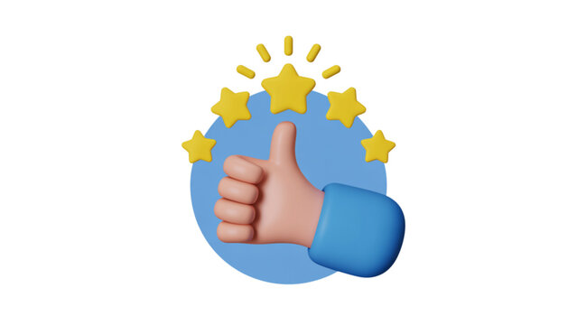 3D thumbs up hand gesture icon with five star rating feedback symbol in circular blue background modern review concept illustration
