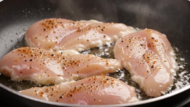 Chicken breasts sizzling in a pan with oil, cooking process.