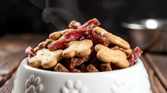 Close-up of a bowl filled with dog treats, a tasty snack for pets.