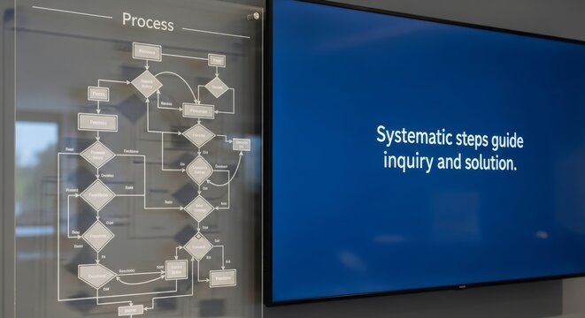 Complex flow chart and systematic inquiry text displayed