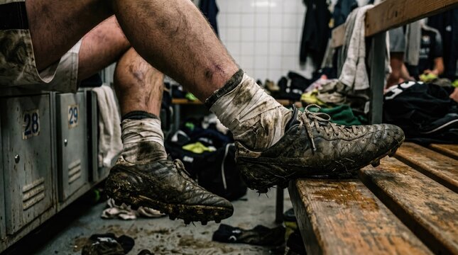 Closeup of dirty football players legs and muddy cleats on a wooden locker room bench with equipment scattered around