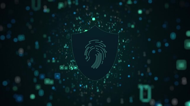 Futuristic cyber security shield icon disintegrating into digital data and warning icons, representing data breach, vulnerability, and cyber attack, set against a dark background
