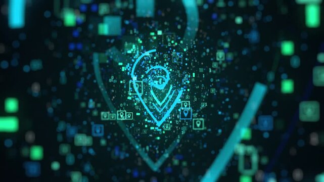 Futuristic cyber security shield guard blue abstract digital glowing background. Hacking technology computer network protection concept. Cybersecurity system tech sign symbol. Vector illustration

