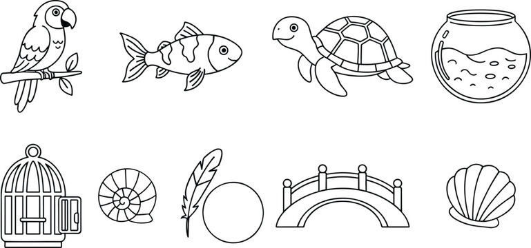 Collection of minimalist line icons for pets aquatic life and nature concept including birds fish and turtle vector.