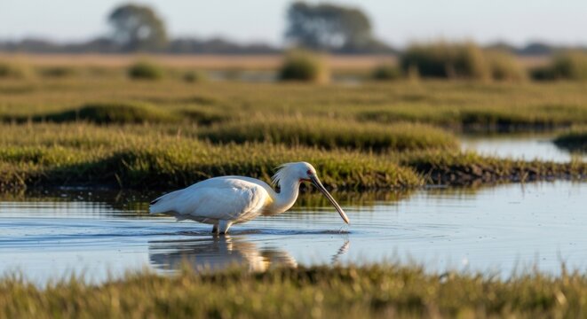 Eurasian spoonbill bird wading in shallow water of a sunlit marsh landscape.