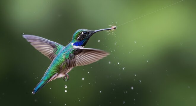Hummingbird catches spider on a web strand mid-flight with a blurred background.