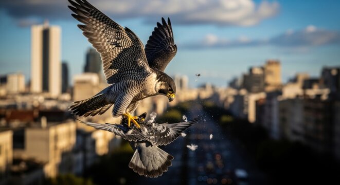Peregrine falcon attacking pigeon mid-air over cityscape, predator and prey in urban environment.