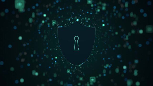 Futuristic security shield with padlock symbol glowing purple above circuit board, digital protection concept showing cyber security and data privacy in neon technology setting
