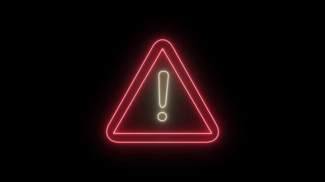 Neon warning attention icon animation glowing neon red color danger risk alert neon error stop signal problem sign symbol with black background
