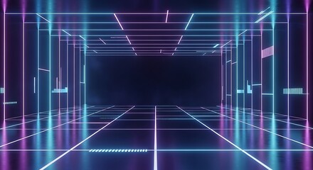 Fototapeta premium Abstract futuristic digital grid tunnel illuminated with vibrant neon blue and purple lights extending into darkness