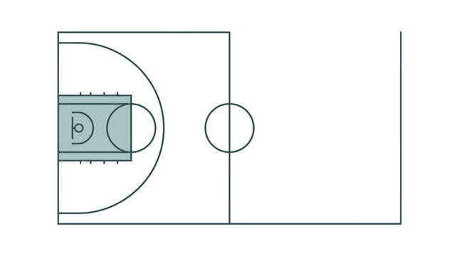 Partial view of a basketball court, focusing on a shaded free-throw area and half-court markings, on isolated white background.