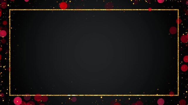 abstract gold border frame with red bokeh lights and glitter shiny golden dust particles animation ,black luxury holiday christmas and new year  social media motion background