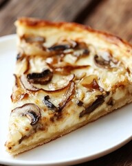 Close up of deep dish pizza slice with mushroom topping