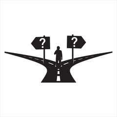 A person stands at a crossroads with two diverging paths, each marked by a question mark, symbolizing uncertainty and decision-making in life © shitul