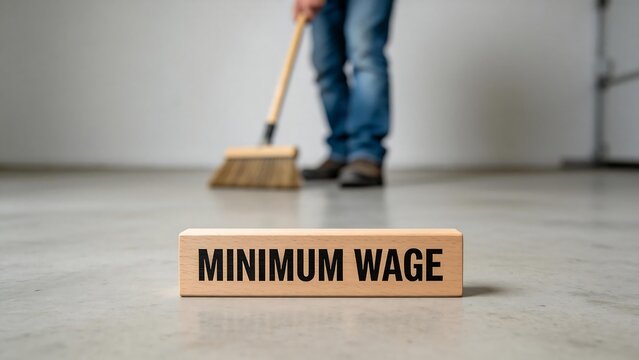Person sweeping floor with MINIMUM WAGE sign