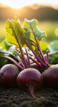 Fresh beetroots in soil with leaves at sunrise background for farm produce and healthy cooking design