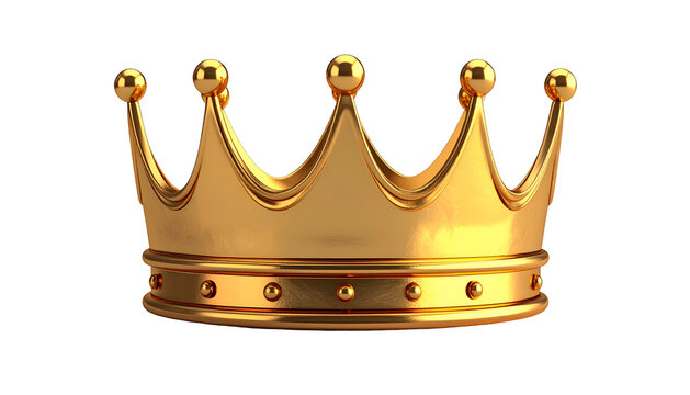 A 3D render of a gleaming golden royal crown isolated against a solid black background, showcasing intricate details
