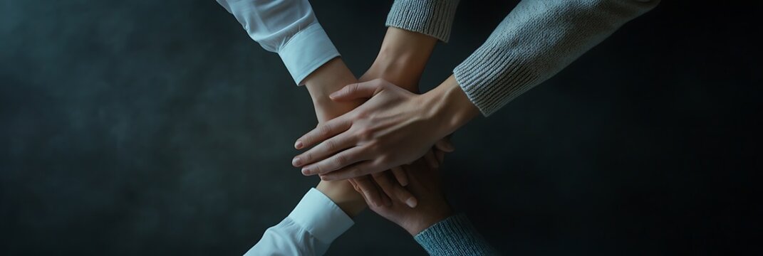 Four hands stacked on of each other with wrist wraps on a dark background stacked hands teamwork
