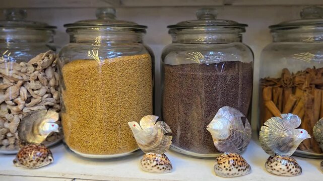 Four glass jars holding oyster mushrooms, foxtail millet, flax seeds, & cinnamon sticks sit on a shelf. Intricate bird figurines carved from shells rest in front, adds an artisan touch to the storage.