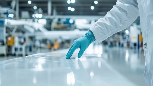 Person in gloves inspecting a composite aircraft wing panel