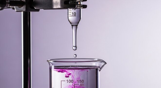 Burette dropping liquid into a beaker during neutralization, color changing, plain lavender background.
