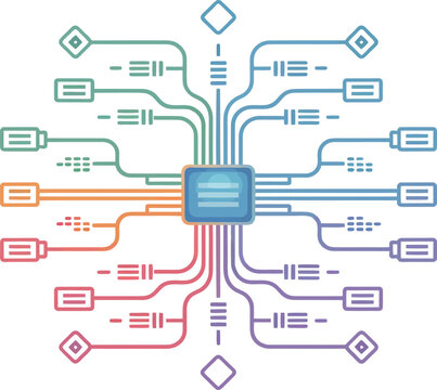 Centralized network hub with radiating connections and data nodes in a clean vector style