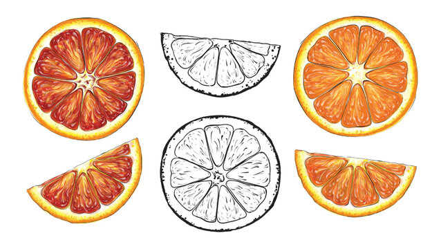 Juicy clip art with sliced oranges in vector graphics