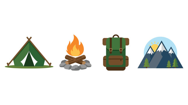 Camping gear and mountain landscape icons.