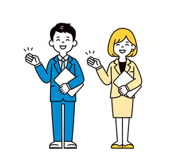 Fototapeta premium パソコンを持って説明・紹介する、若い男女のビジネスパーソンの全身ベクターイラスト素材セット