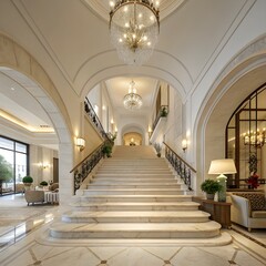 Obraz premium Grand luxury marble staircase interior design in elegant high-end hotel lobby architecture.