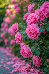 Fototapeta premium Close-up of blooming pink roses with soft background blur. Romantic floral scene with vibrant colours and delicate petals.