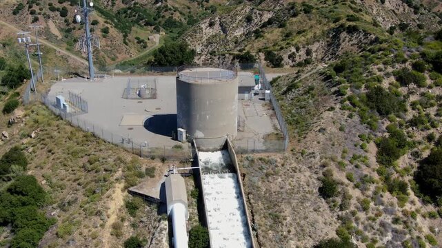 Aerial Drone View of Los Angeles Aqueduct Water Infrastructure and Surge Tank in Santa Clarita, California