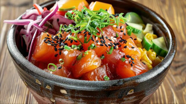 A vibrant sushi bowl filled with colorful ingredients on a wooden surface, topped with sesame seeds for extra crunch and flavor.