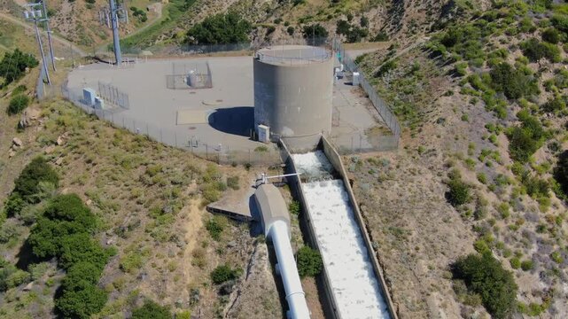 Aerial Drone View of Los Angeles Aqueduct Water Infrastructure and Surge Tank in Santa Clarita, California