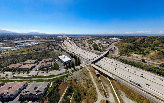 High Altitude Aerial View Of Interstate 5 Freeway Traffic Near The Los Angeles Aqueduct In California