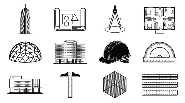 A comprehensive vector icon set for architecture, engineering, and construction. Includes buildings, blueprints, and essential design tools. Perfect for industry graphics.