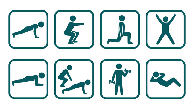 Series of fitness icons depicting various exercises including push-ups, squats, and lunges