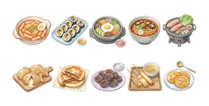 Watercolor Korean Food Clipart Set &mdash; 10 Traditional Street Food Tteokbokki Bibimbap Kimbap Illustration
